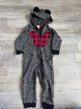 Disney Baby Cozy Grey Hooded Baby One-Piece with Mickey or mini ears